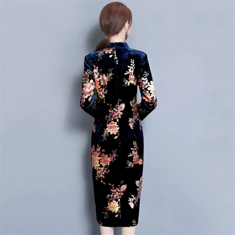 Blue Navy Classic Vintage Traditional Chinese Style Elegant Cheongsam Dress Charming Long Sleeve Mid-Calf Evening Qipao Dresses |