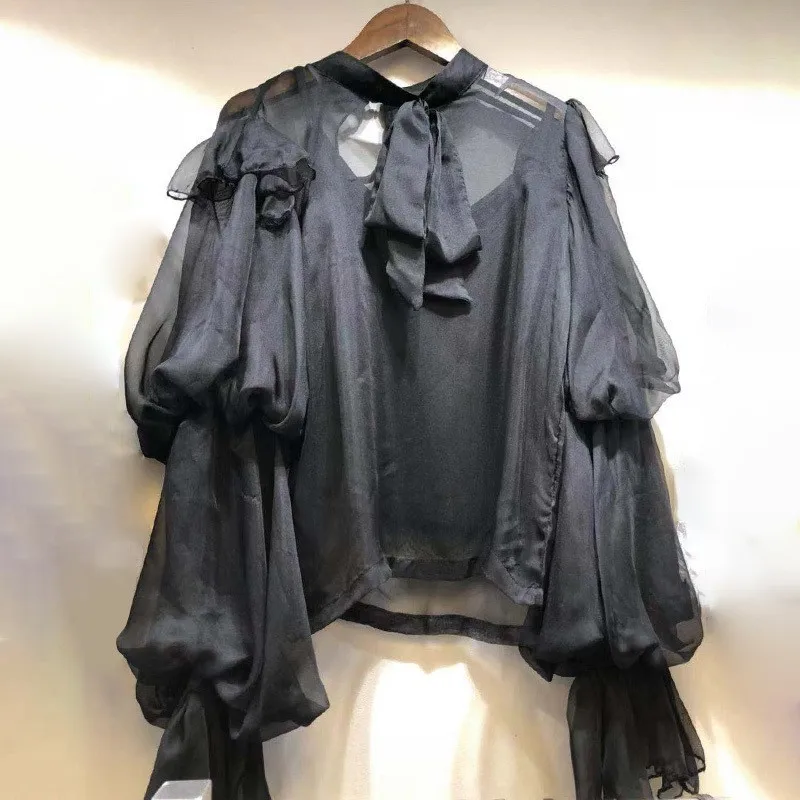 Женская блузка CHICEVER винтажная леопардовая шифоновая на шнурках с бантом и