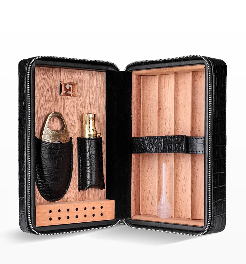 Cigar Case Humidor For 4 Cigars Cedar Wood Lined Leather Travel Cigar Humidor Humidifier Set Gift Box(No lighter cutter