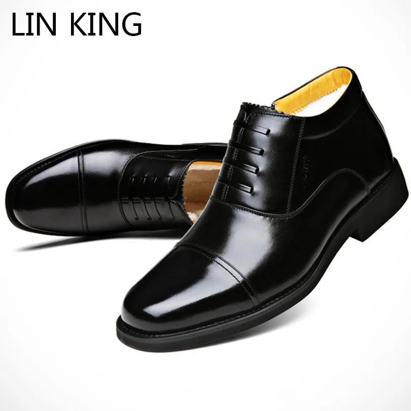 LIN KING/черные теплые плюшевые мужские ботинки из натуральной кожи, без шнуровки, с высоким берцем, зимние деловые модельные туфли, обувь с хлопковой подкладкой размера плюс