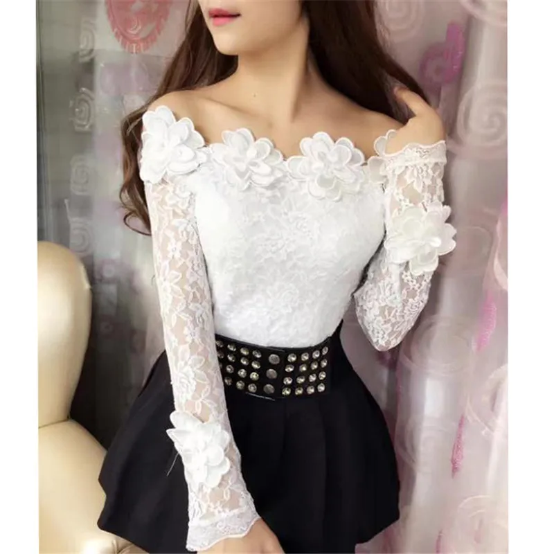 Женская кружевная блузка с открытыми плечами сетчатая цветочным принтом