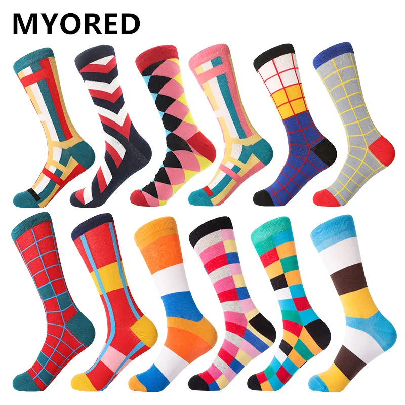 MYORED 12 пар/лот модные геометрические квадратные мужские носки забавный стиль