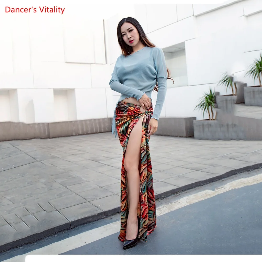 Belly Dance Практика Одежда Женская Новый Топ с Длинными Рукавами + Сплит Длинная Юбка