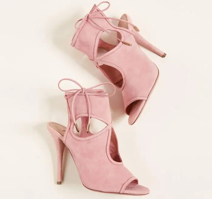 Murah Moraima Snc Peep Toe Lace-Up Stiletto Pumps Musim Panas Pink Kulit High Heel Sandal Cutout Sepatu Hak Tipis