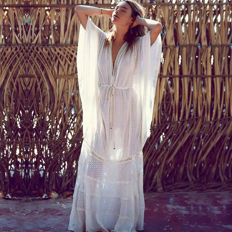 Богемный Вдохновленный летнее платье туника с v-образным вырезом хлопок кружево