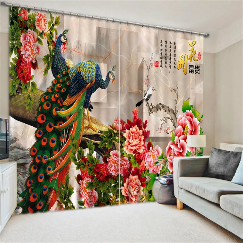 

Beautiful Peacock Luxury Blackout 3D Curtains For Living room Bedding room Office Drapes Cotinas para sala