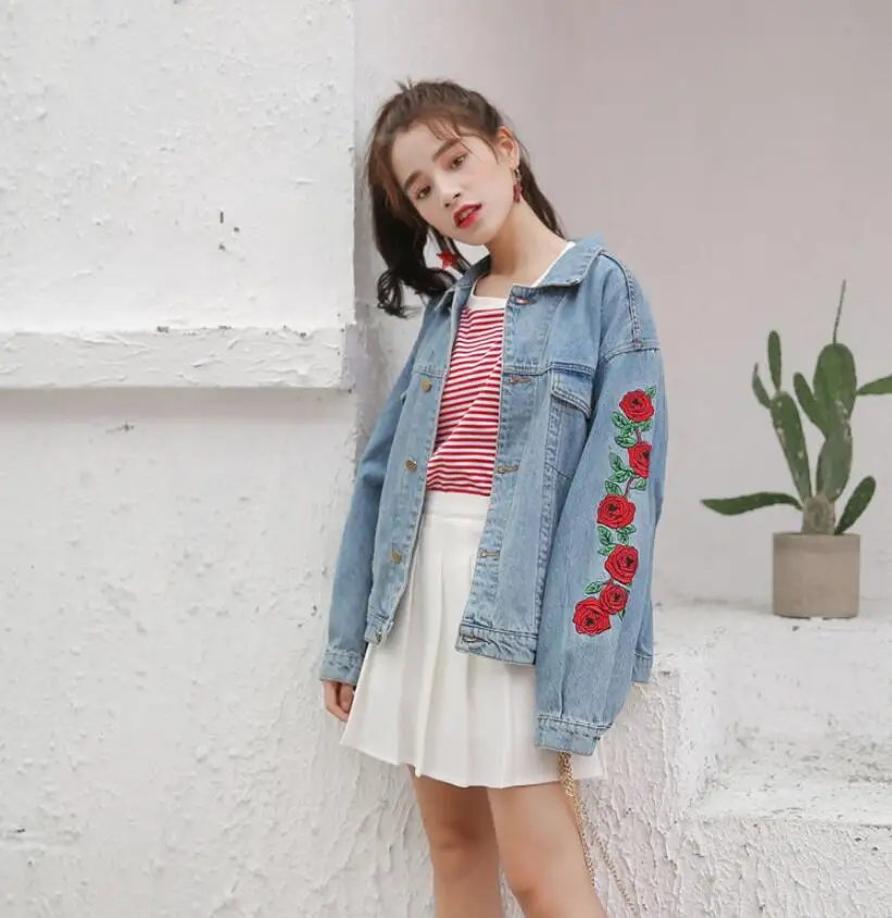 2018 Весна Новая роза вышитые цветы на джинсовой ткани Свободная куртка для