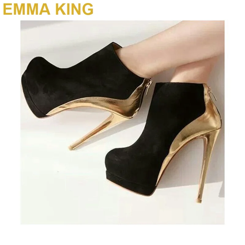 

Fashion Patchwork Black and Gold Platform Ankle Boots for Women Sexy Stiletto High Heels Short Booties Woman Shoes 2019 Spring
