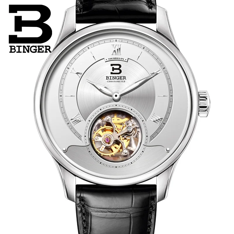 Высококачественные механические часы Seagull Tourbillon с крокодиловым кожаным ремешком сапфировые Мужские автоматические часы Бингер синий циферблат - Цвет: 01