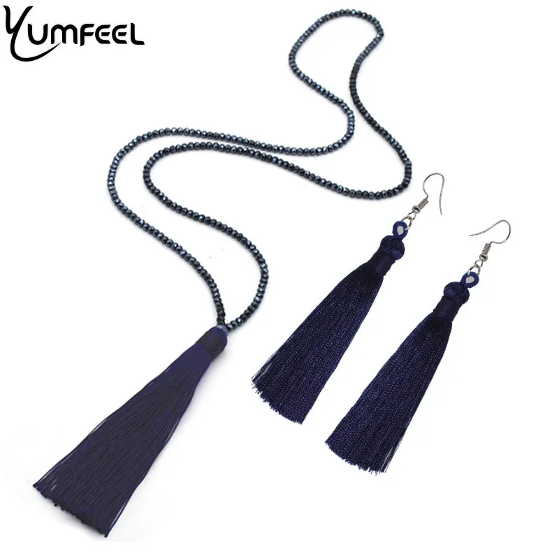 Yumfeel новый набор украшений Длинные граненые стеклянные бусины из хрусталя ожерелье кисточки серьги для женщин | Отзывы и видеообзор -32936069623