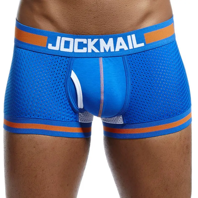 Синий JOCKMAIL, боксеры, эластичная сетка, нижнее белье, мужские боксеры, Homme Cueca, боксеры, шорты, сексуальные мужские боксеры с мешочком, мужские трусы для геев - Цвет: Синий