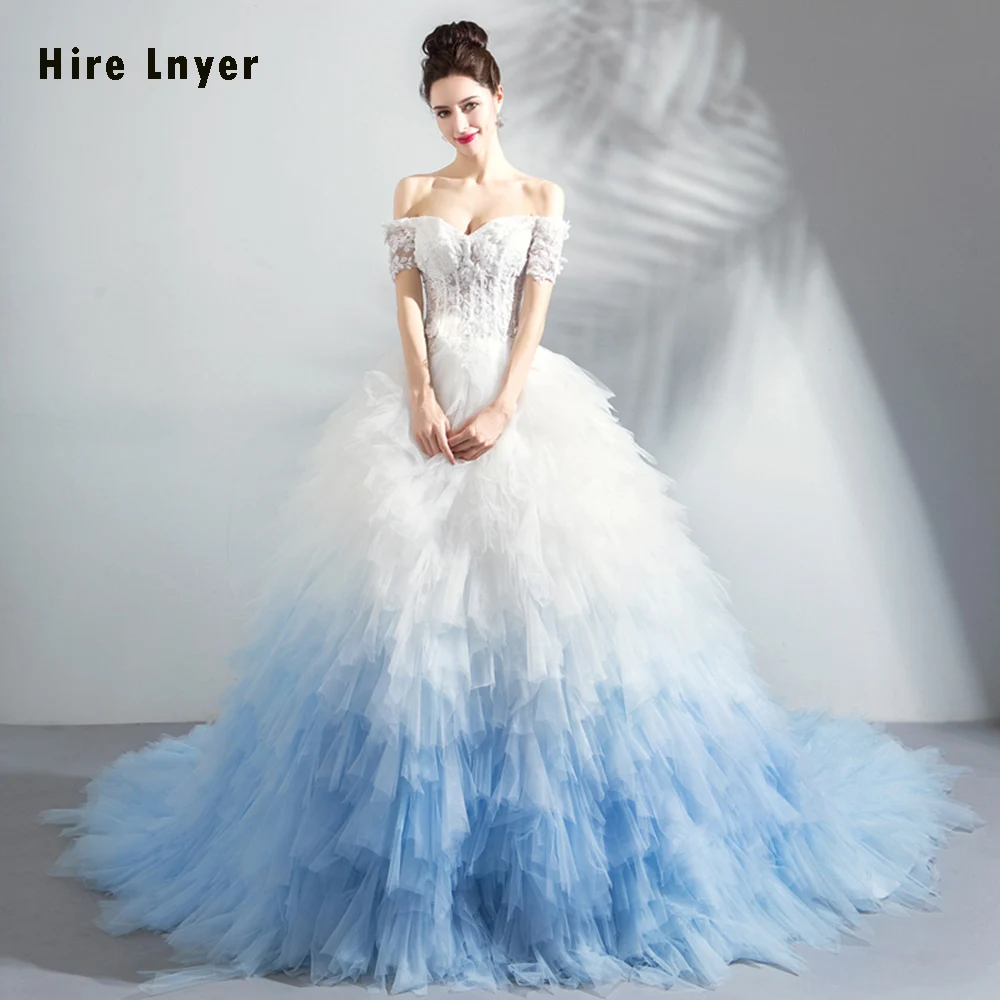 Robe De Mariee Princesse De Роскошная с открытыми плечами, с короткими рукавами, бело-синяя юбка, бальное платье принцессы, свадебные платья
