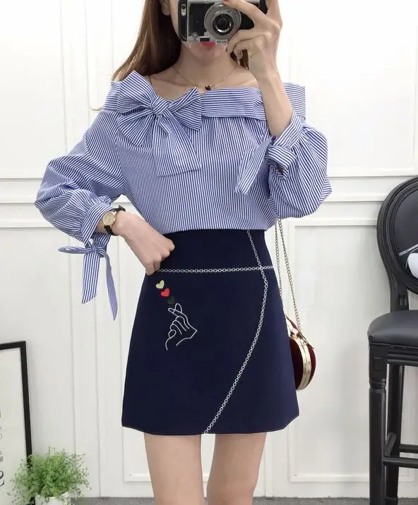 Блузка в полоску для девочек топ с вышивкой юбка комплект одежды из 2 предметов