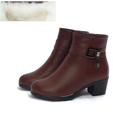 Red brown wool Женские ботинки из натуральной кожи; коллекция года; зимние женские ботинки из натуральной кожи с подкладкой из толстой шерсти; женская зимняя обувь; большие размеры - Цвет: Red brown wool