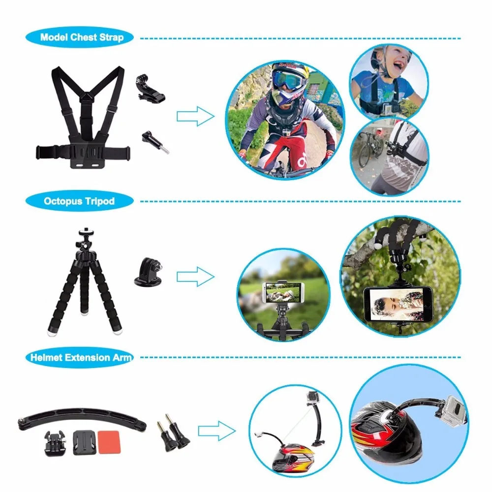 Suptig For Gopro Hero 6 Accessories Set Chest Helmet Wrist Strap Kit +Handheld Monopod Mount 5 4 Session 3+ | Электроника