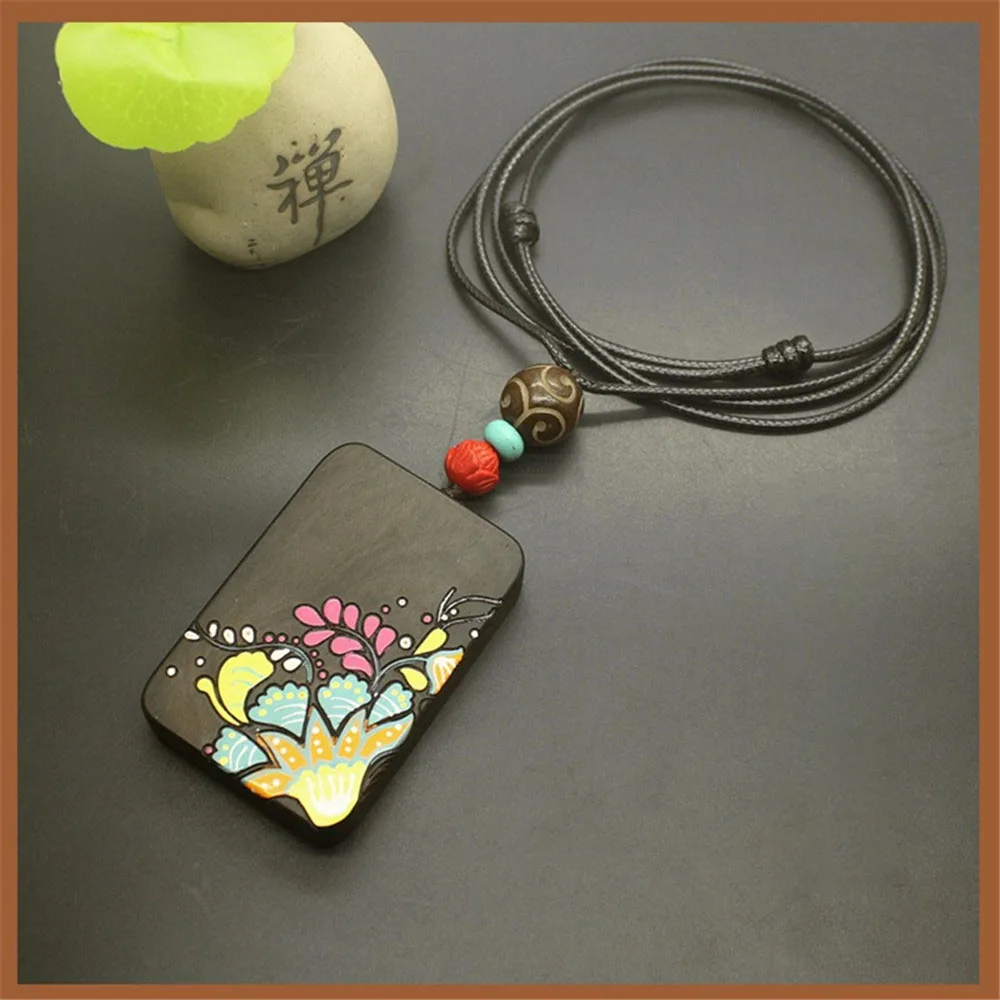 Black Sandalwood Hand-painted Necklace Tibetan Style Joker Personality Sweater Chain Men Women Antique High-end Safety Pendant |