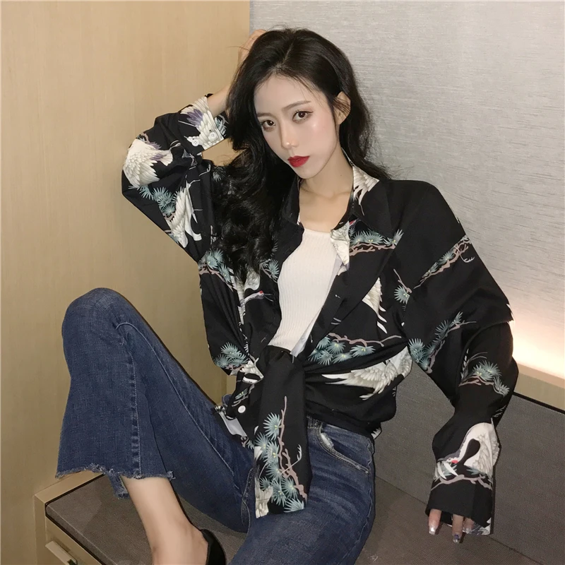 Korobov Harajuku Cartoon Print Loose Casual Women Blouse Korean Elegant Printed Female Shirt BF Long Sleeve Mujer Blusas 77004 |