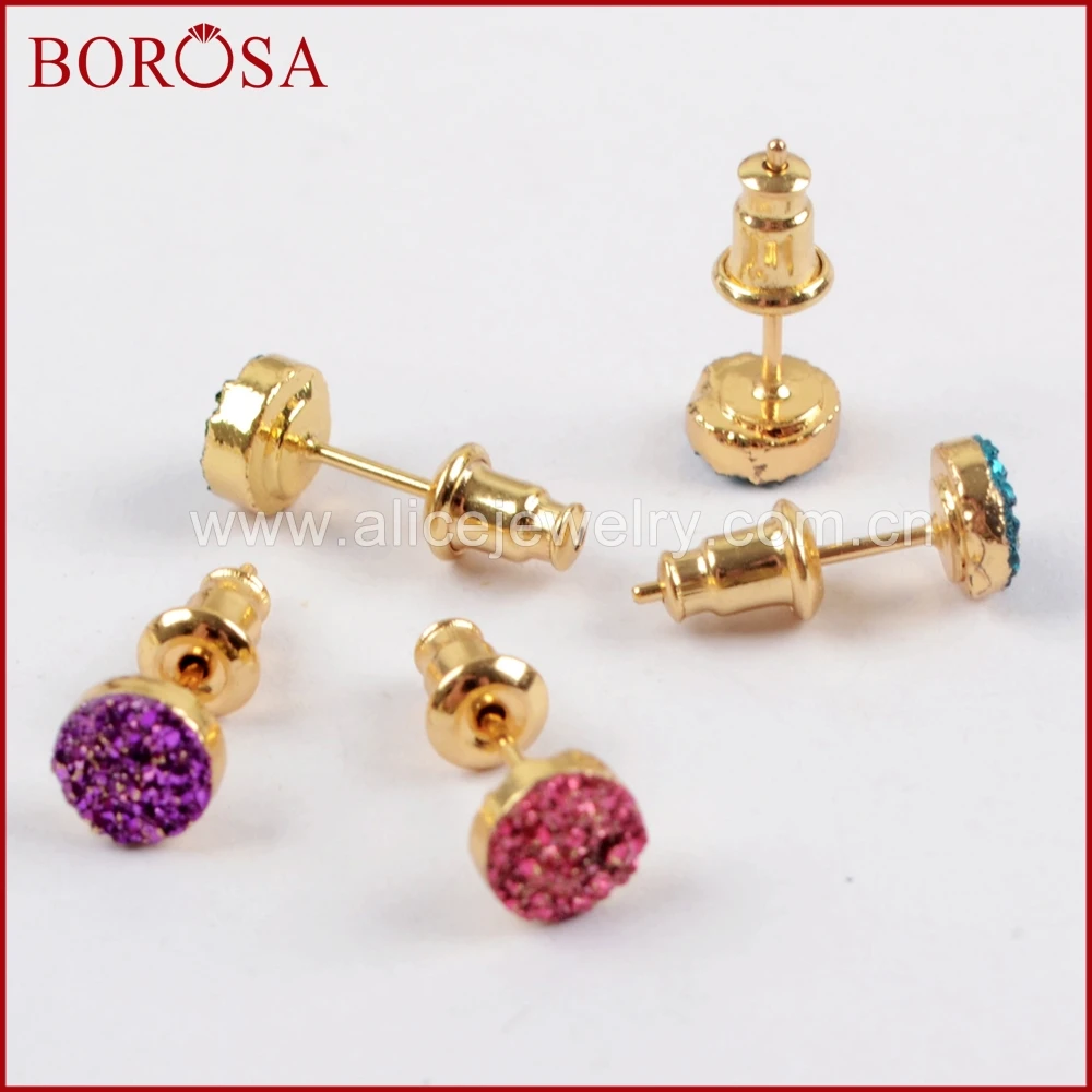 BOROSA Design 6mm Round Gold Color Titanium Mixed Electroplated Druzy Stud Earrings Fashion Drusy Jewelry G1619 | Украшения и