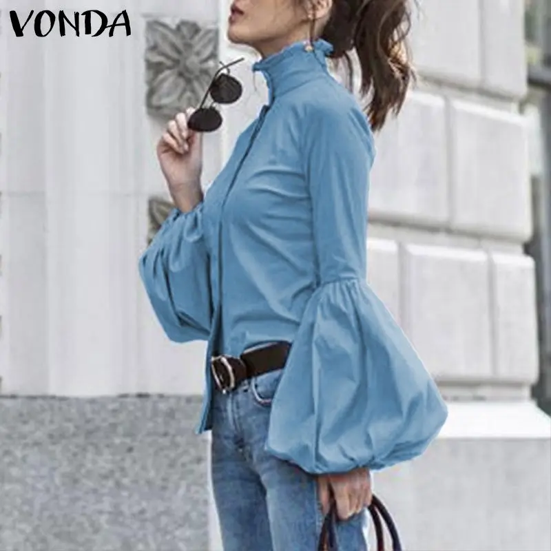 Плюс размер туника женская блузка VONDA Осенняя Повседневная рубашка с длинными рукавами-фонариками офисные женские блузы на пуговицах водолазки топы