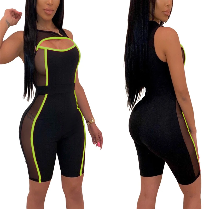 Sexy Women Sleeveless Mesh Patchwork Jumpsuit 2019 New See Through Bodysuit One-piece Cut Off Hole Rompers Beach Sports Playsuit | Женская