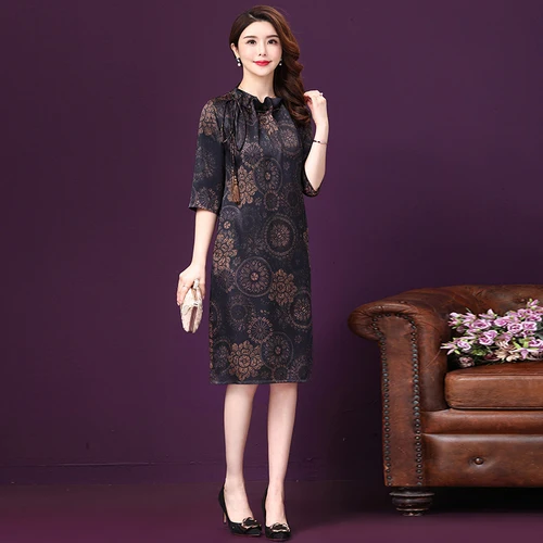 

2021 Spring Summer Five-minutes Sleeve Silk Women Dress New Chinese Style Retro Print Simple Elegant Temperament Female Dresses