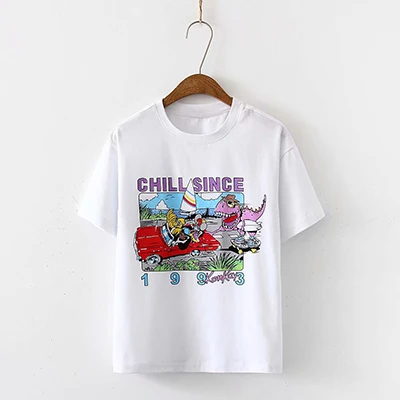 Белый Футболка с круглым вырезом из хлопка с рисунком динозавра, повседневные футболки, футболки с коротким рукавом, летние топы, женская одежда, белые женские футболки, Новинка - Цвет: Белый
