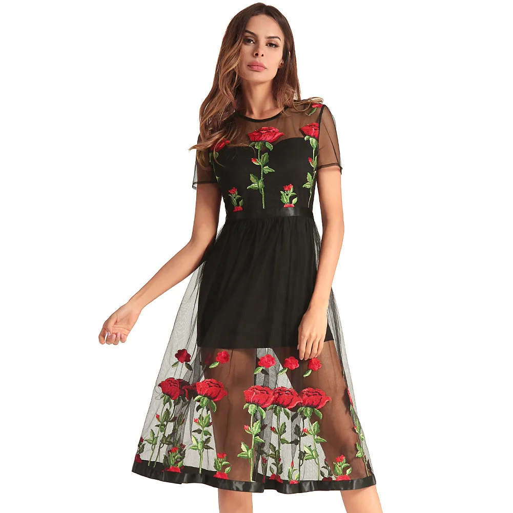 

Женское платье-трапеция с вышивкой розы Ruiyi Ge, новое газовое Платье трапециевидного силуэта с размера плюс, 2018