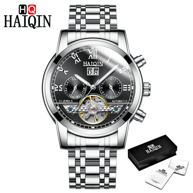 silver black HAIQIN для мужчин смотреть золото автоматические механические бизнес мужские часы Tourbillon сталь водостойкий мужской Дата Часы Relogio Masculino - Цвет: silver black