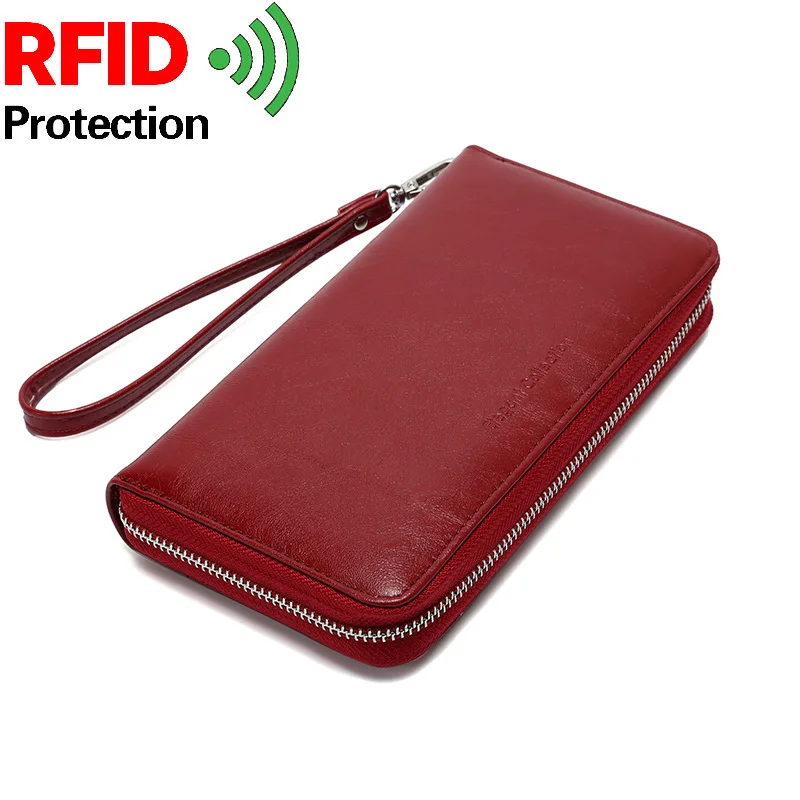 Rfid Женский Длинный кошелек из натуральной кожи, кошелек для монет, многофункциональный мужской и женский деловой держатель для карт Carteira Feminina - Цвет: wine red