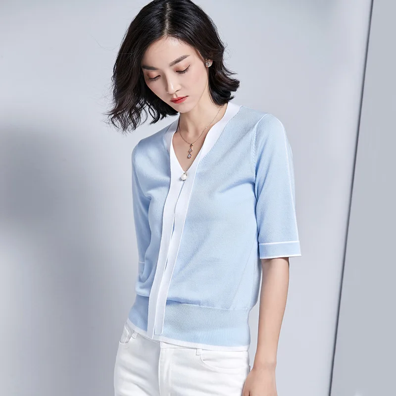 light blue Весна Лето трикотажная женская футболка с короткими рукавами повседневные футболки Топ тенниска с треугольным вырезом облегающий пуловер Женская футболка kz549 - Цвет: light blue