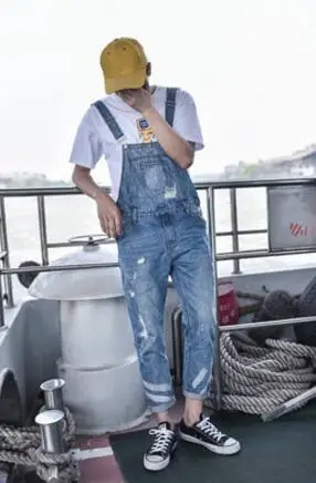 M-3XL HOT ! New men's clothing hole bib pants fashion slim denim overalls jumpsuit Nine points suspenders Little feet jeans | Мужская