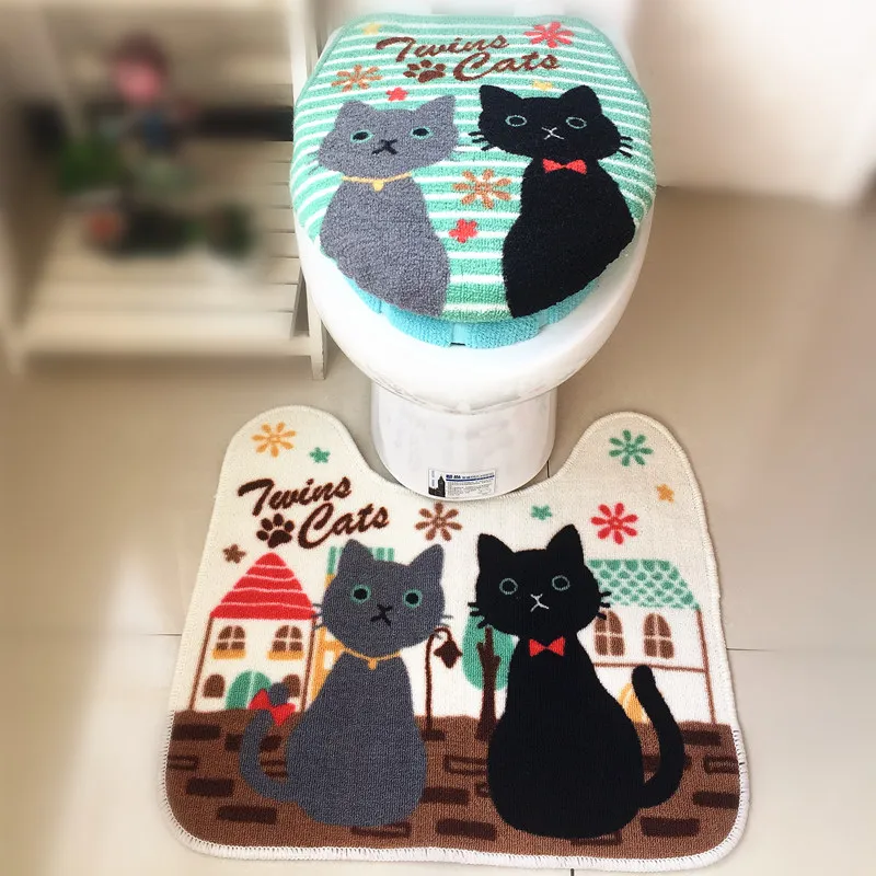New Soft Cartoon Cat Thickening Bathroom Warm Toilet 3 Piece Set Seat Cushion Cover U Shape Bath Mat Pad | Дом и сад