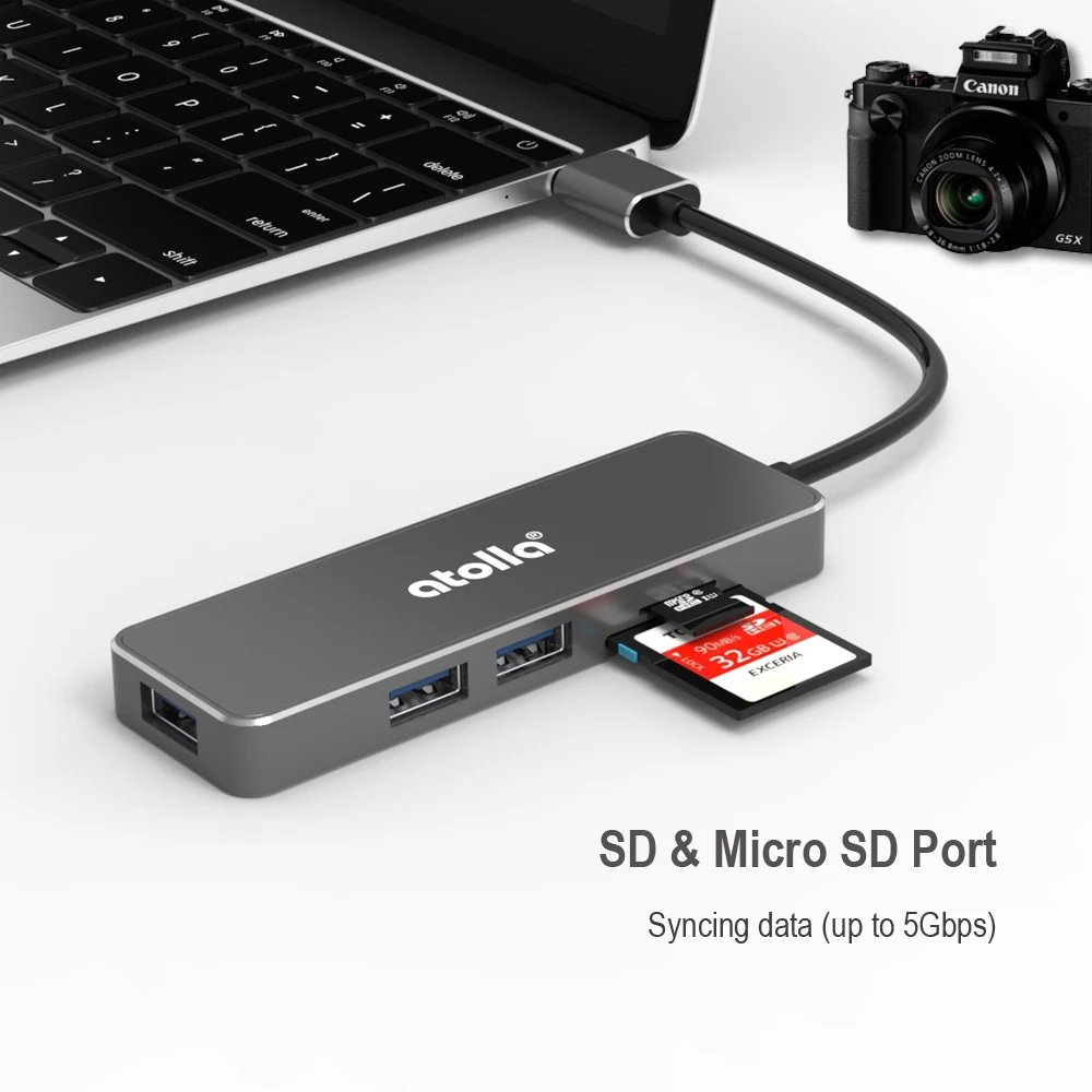 Atolla 3 порта USB 3,0 концентратор разветвитель портативный алюминиевый концентратор данных с SD TF кард-ридером Для iMac, MacBook или любых других USB устройств