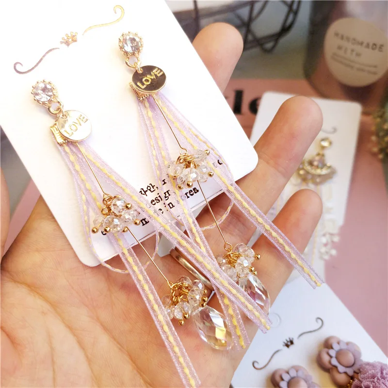Женские корейские висячие серьги Kawaii милые розовые и фиолетовые длинные летние