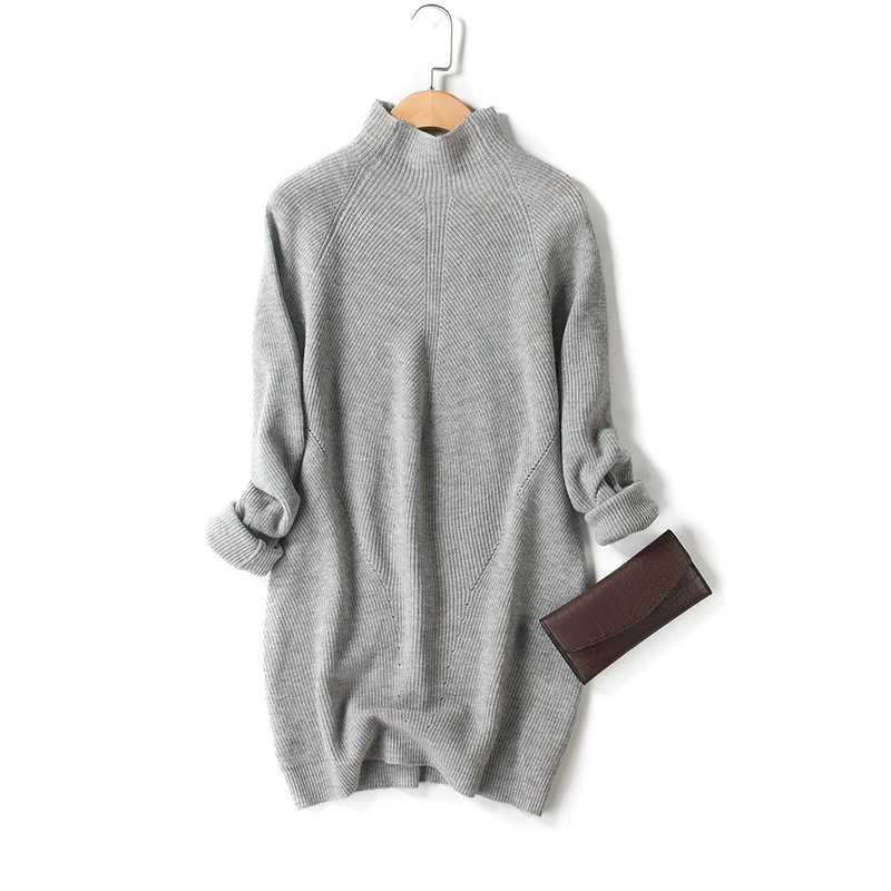 100%merino wool knit women fashion basics pullover sweater mid-long half-high collar claret 4color S/M/L wholesale retail
