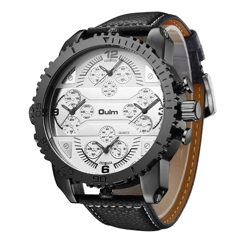 

Oulm Leather Band 4 Time Zones Quartz Watch Military Watches Quartz Movment Round Dial Famous Brand Men Analog Wristwatch