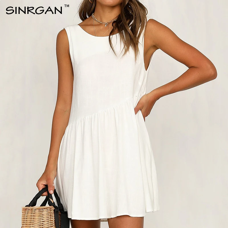 SINRGAN Твердое Белое Дикое Летнее Платье О-Образным Вырезом Офис Леди Boho