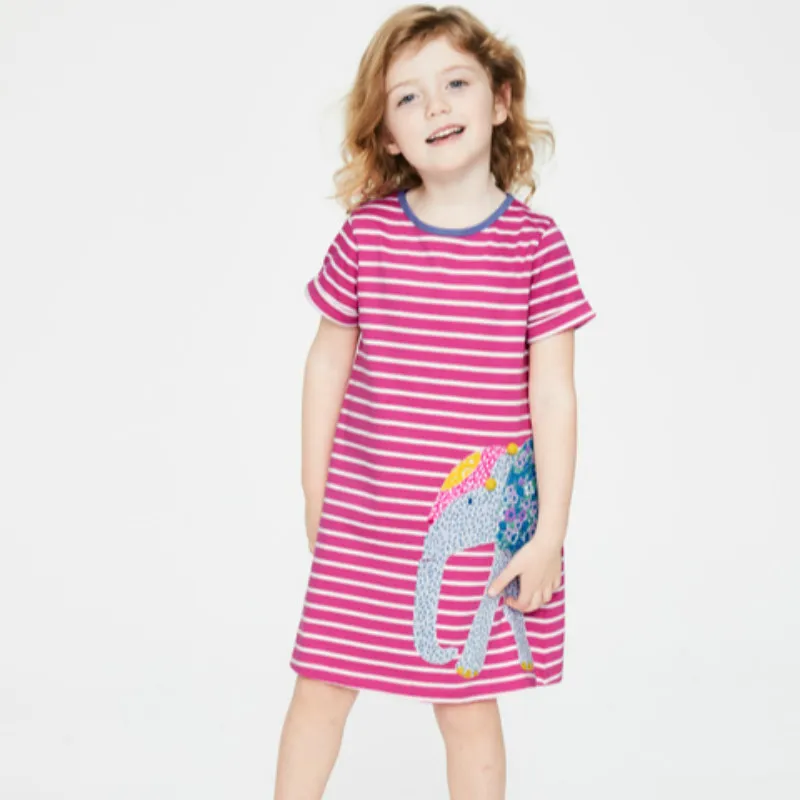 Летнее платье с аппликацией для маленьких девочек розовое в полоску со слоном до