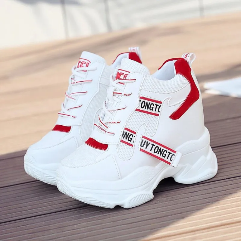 White red Кроссовки на высокой платформе; женская повседневная обувь на танкетке; Новинка года; модная женская обувь на шнуровке; повседневная обувь, увеличивающая рост; zapatos mujer - Цвет: White red