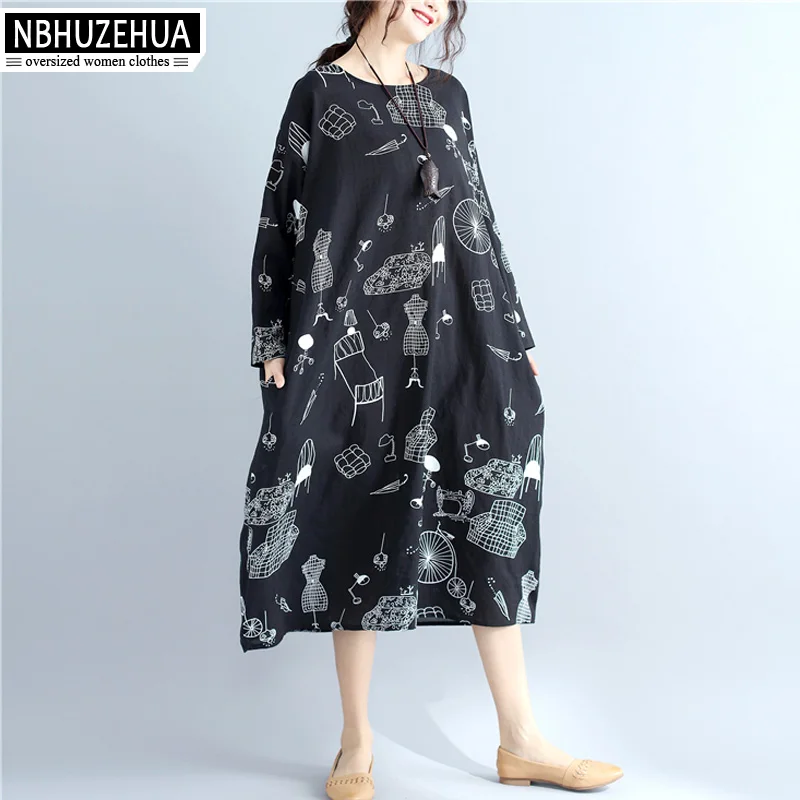 Женское длинное платье с круглым вырезом NBHUZEHUA черное принтом 7G298 4XL 5XL 6XL размера