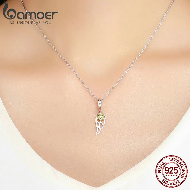 BAMOER, 925 пробы, серебряный, модный, перья, крылья, подвеска, золотой цвет, сердце, шарм, подходит для браслета и ожерелья, ювелирные изделия SCC838