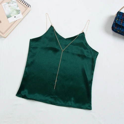 Dark Green Новинка, Летняя Сексуальная атласная майка из вискозы, модная женская майка с v-образным вырезом и металлической цепочкой, универсальная базовая тонкая майка с открытой спиной Mw664 - Цвет: Dark Green