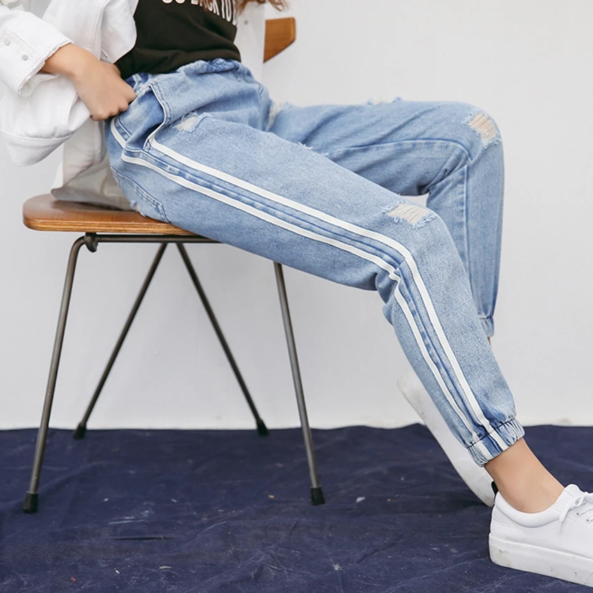 2018 New Vintage Holes Jeans Women Casual Denim Pant Spring Summer High Waist Ripped Jean Ladies White Striped jogger pants |
