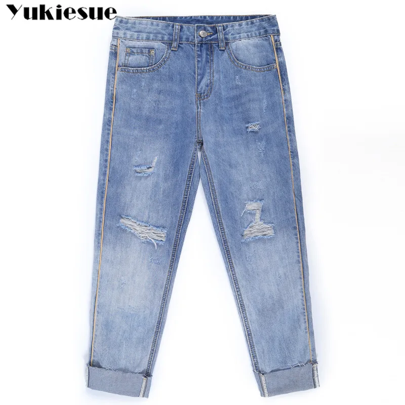 Женские рваные джинсы новинка 2019 летняя модель свободные джинсовые брюки с