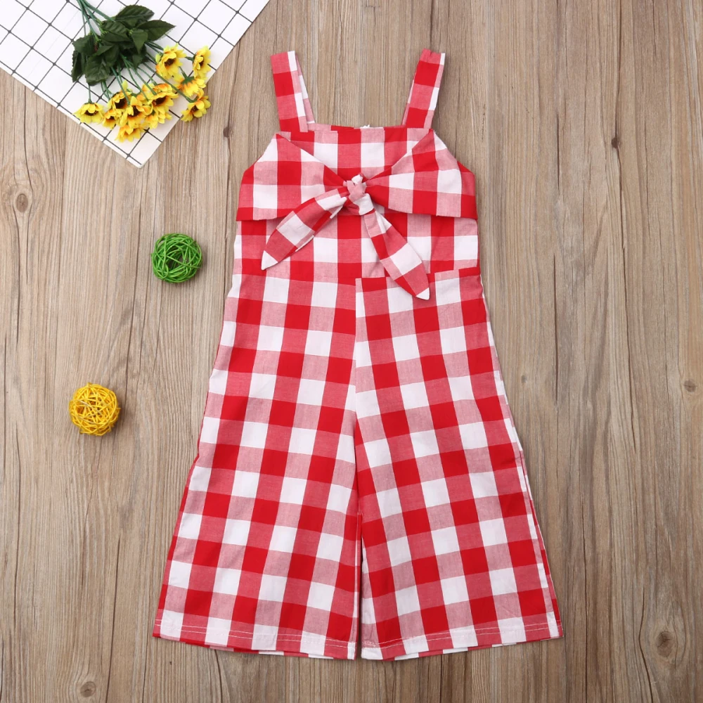 Детская летняя одежда для маленьких девочек клетчатые комбинезоны с бантом