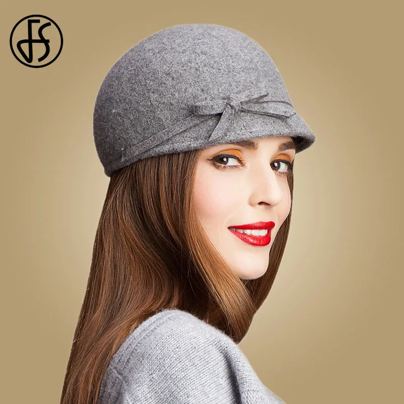 

FS Vintage 100% Wool Fedora Floppy Bowknot Winter Felt Hats For Women Grey Black Navy Knight Top Caps Casual Chapeu Feminino