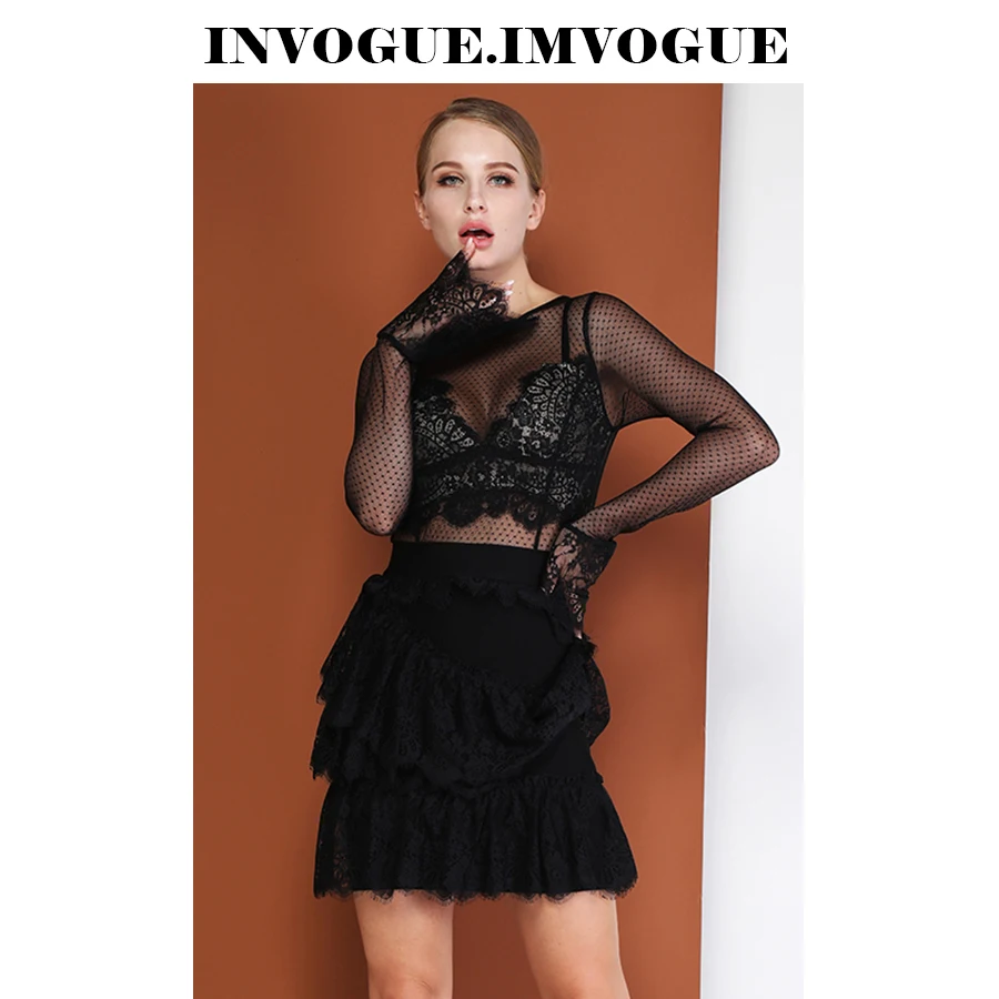 INVOGUE. Женское кружевное мини платье ivogue черное облегающее с круглым вырезом и