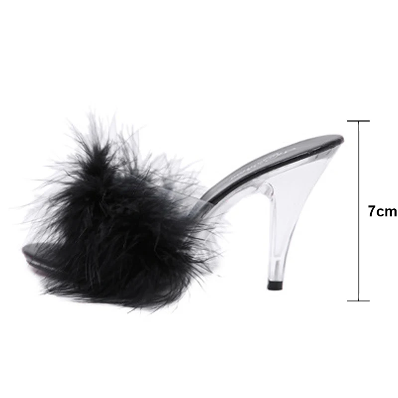 Black 7cm Пикантные вечерние туфли на высоком каблуке 7 см, 10 см, с перьями, женские летние прозрачные меховые шлепанцы размера плюс 34-45, женские сандалии WS0019 - Цвет: Black 7cm
