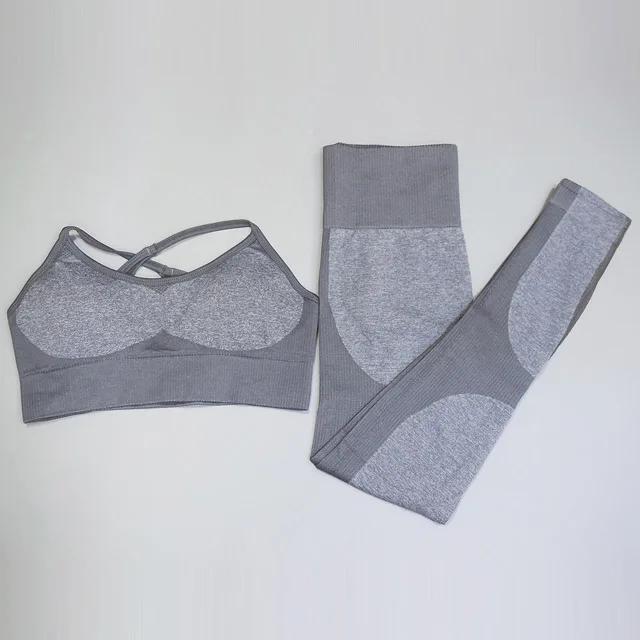 Gray 2Pcs set 2 шт./компл., бесшовный комплект для йоги, женский спортивный бюстгальтер для фитнеса, топы+ с высокой талией, из лоскутов, леггинсы для тренировок, спортивные штаны, спортивный костюм - Цвет: Gray 2Pcs set