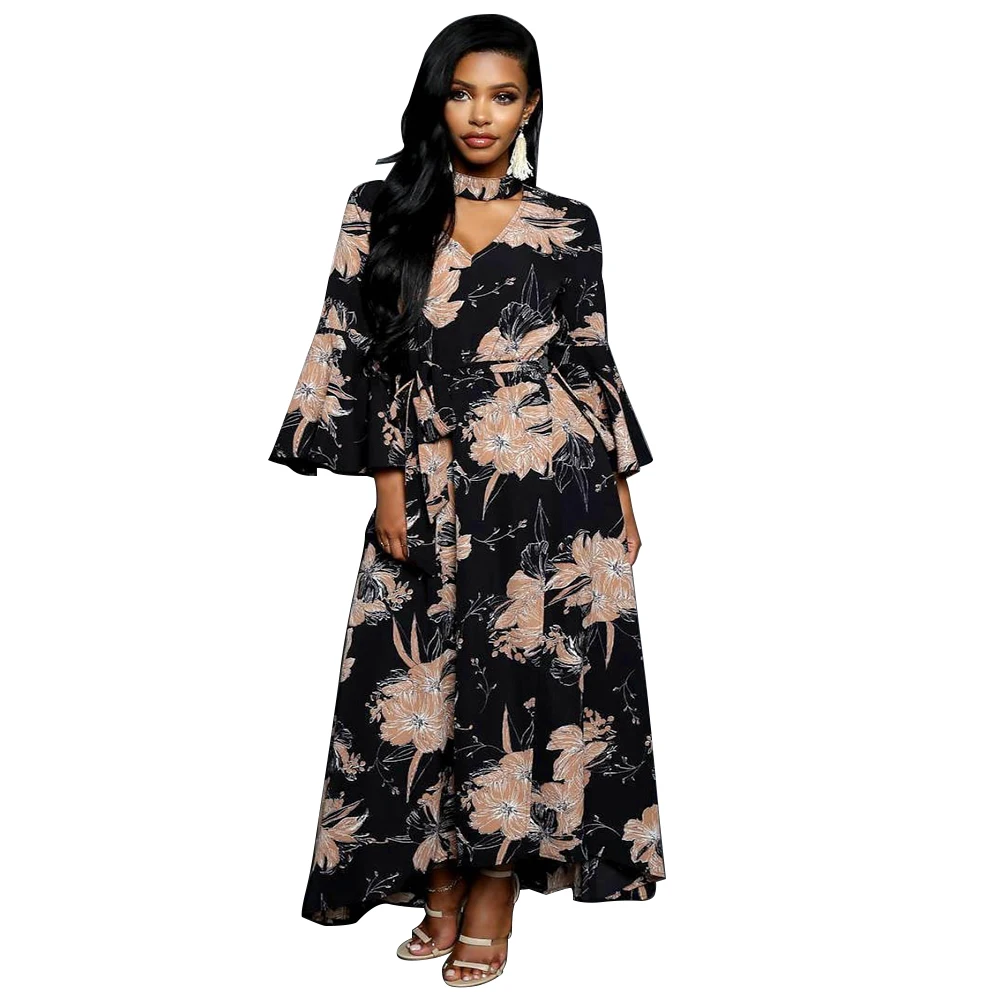 Женское Повседневное платье-макси с V-образным вырезом длинным рукавом и поясом |